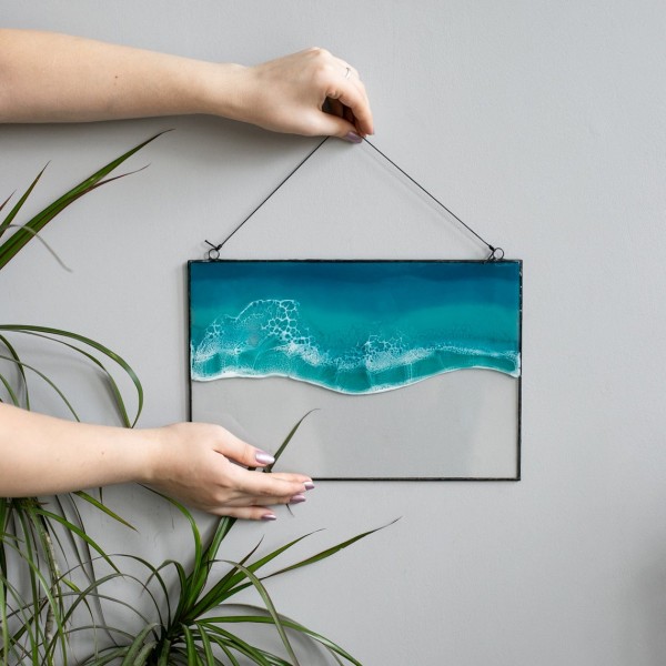 Lonjew Art Resin - Fluid Resin Art, Sea & Ocean Wall Hanging, Beach Wave Framed Picture, Rectangle Window Panel, Seascape Coastal Home Decor, Handmade (Wave 1) 