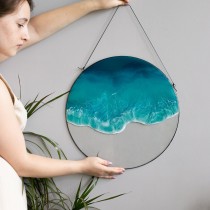 Lonjew Resin Art - Sea & Ocean Resin Art, Double Wave Wall Hanging, Beach Coastal Decor, Glass Home Decor, Window Sun Catcher, Round Framed Panel (1 Wave)