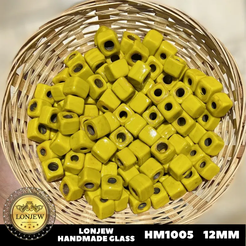 Lonjew Handmade Glass Beads Yellow HM1005 Square 10Pcs 12mm