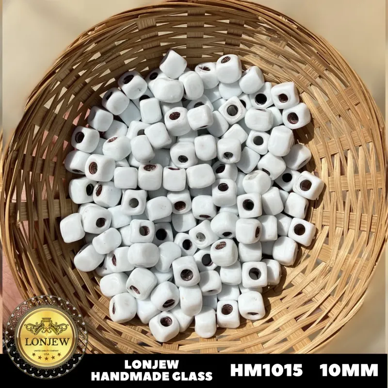 Lonjew Handmade Glass Beads White Color HM1015 Square 10Pcs 10mm