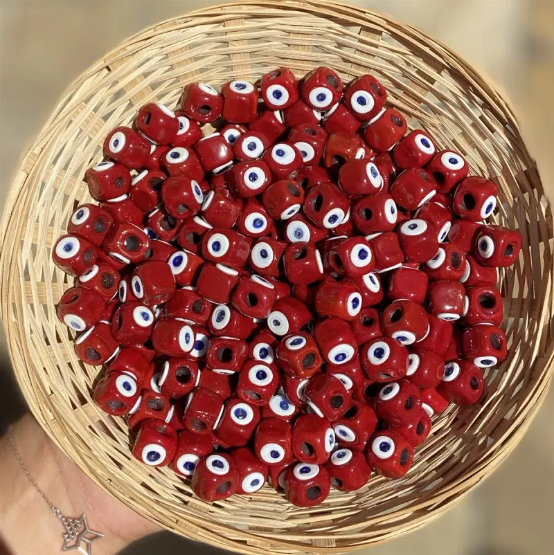 Lonjew Handmade Square Glass Beads Devil Eye Red HM1022 10Pcs 10mm