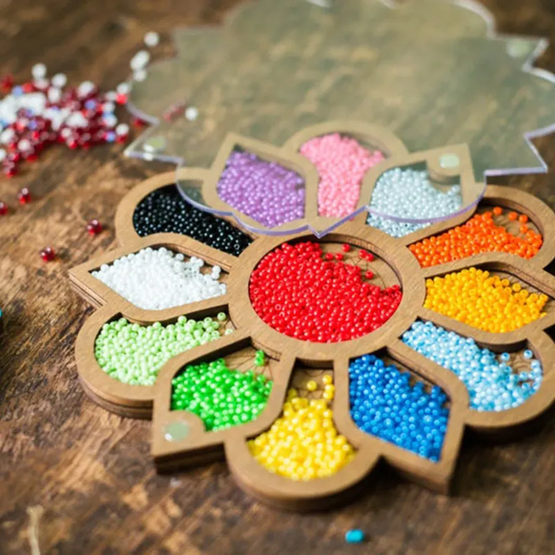 Lonjew Bead Container Wood Flower with Needle Magnet 6