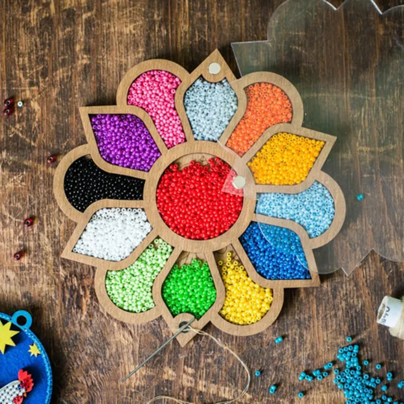 Lonjew Bead Container Wood Flower with Needle Magnet 7