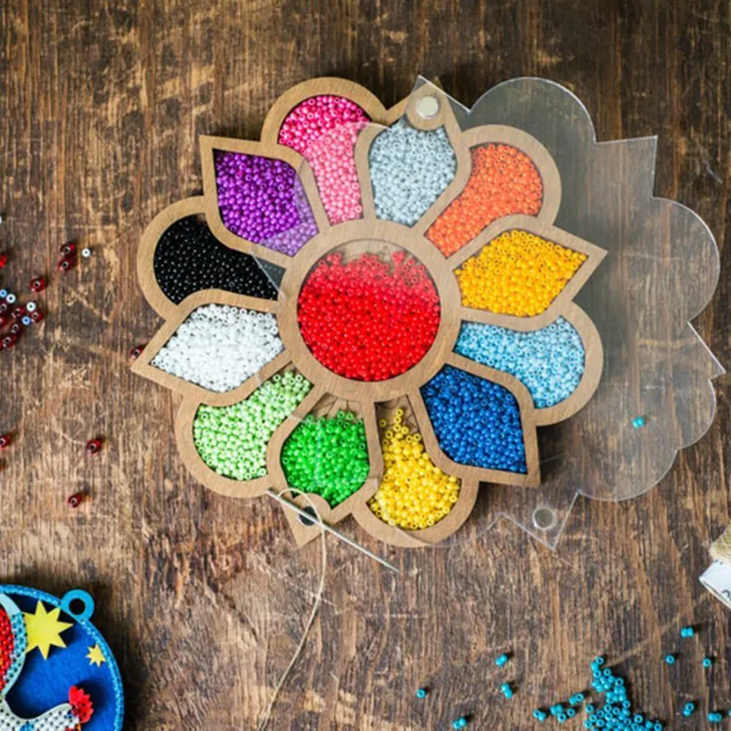 Lonjew Bead Container Wood Flower with Needle Magnet 8