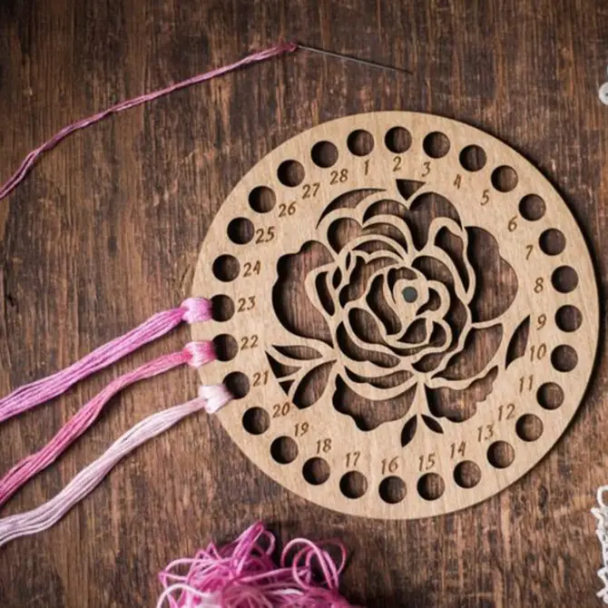 Lonjew Floral Round Thread Organizer with Needle Magnet, Filigree Wood Flower, Embroidery Sewing Floss Yarn Holder, Decorative Cross Stitch Keeper - Image 2