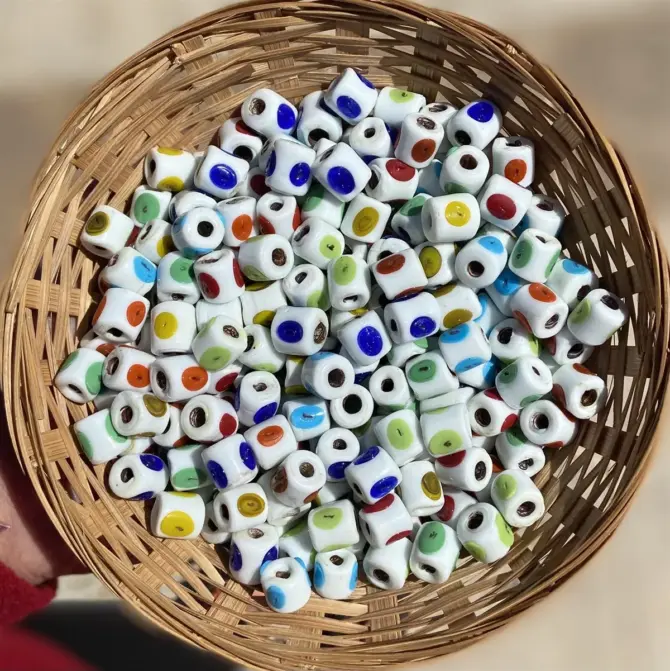 Lonjew Handmade Tube Eye Design Glass Beads White Mix Mottled HM1092 10Pcs 13mm